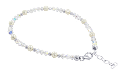 Sterling Silver Anklet 8.5 to 10 inch with Pearl & Austrian Crystals
