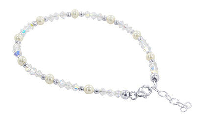 Sterling Silver Anklet 8.5 to 10 inch with Pearl & Austrian Crystals