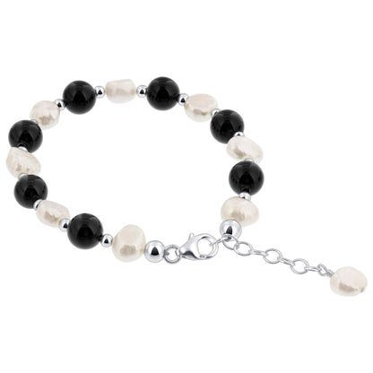 Austrian white imitation Pearl & Black Onyx Sterling Silver Bracelet - Gem Avenue