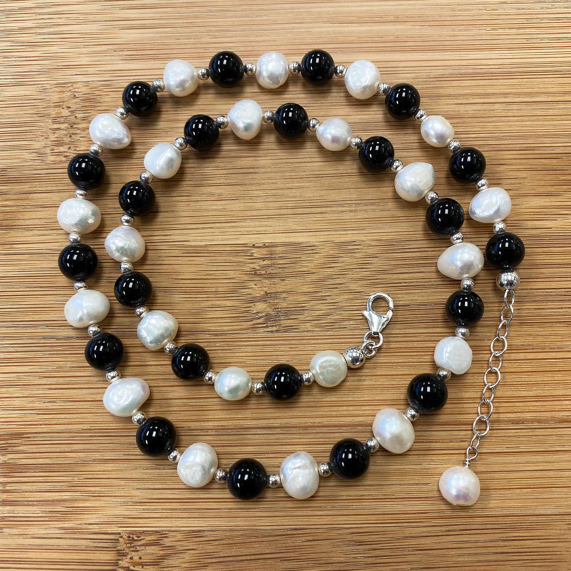 Onyx & Austrian Pearl 925 Sterling Silver Lobster Clasp Necklace - Gem Avenue
