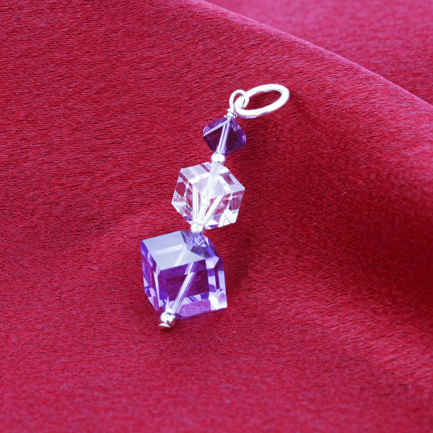 .925 Sterling Silver Cube Shaped Charm Pendant with Austrian Crystals