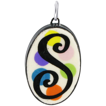 925 Sterling Silver Initial Pendant Hand Painted Oval Ceramic Alphabet Monogram Necklace Charm, Personalized Jewelry Gift for Women & Men