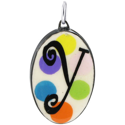 925 Sterling Silver Initial Pendant Hand Painted Oval Ceramic Alphabet Monogram Necklace Charm, Personalized Jewelry Gift for Women & Men