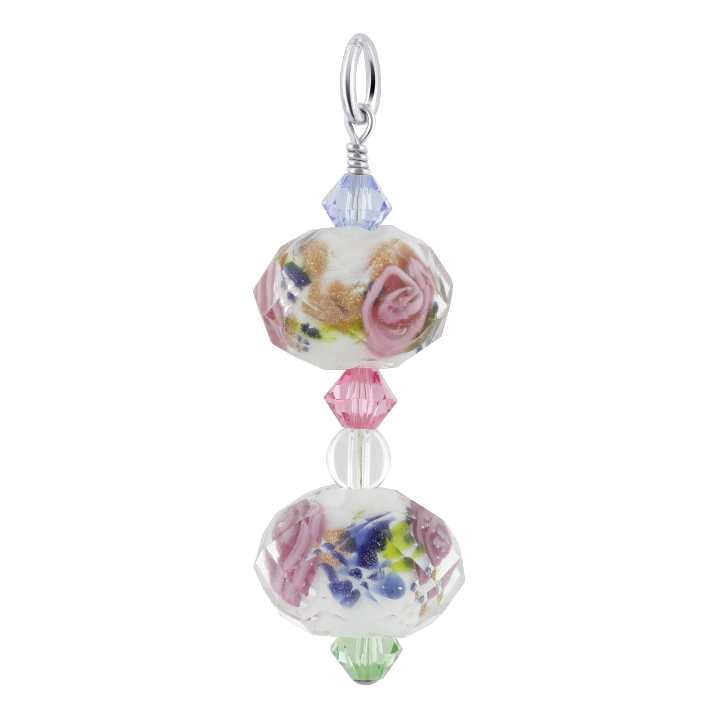 .925 Sterling Silver Pendant with Blown Glass and Austrian Crystal – 1.4 Inches Long