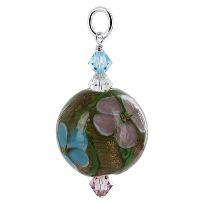 .925 Silver Flower Design Glass Bead Charm Pendant with Austrian Crystal