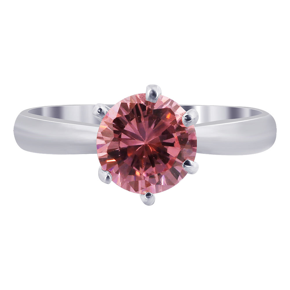 925 Sterling Silver CZ Round Solitaire Pink Cubic Zirconia 6 Prong Set Ring for Womens - Gem Avenue