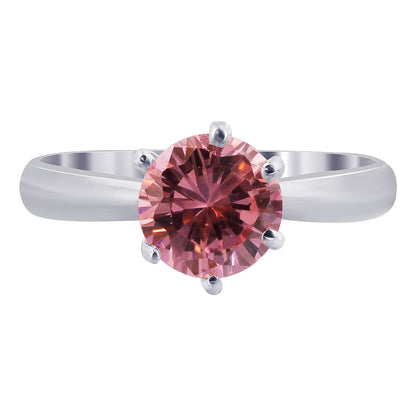 925 Sterling Silver CZ Round Solitaire Pink Cubic Zirconia 6 Prong Set Ring for Womens - Gem Avenue