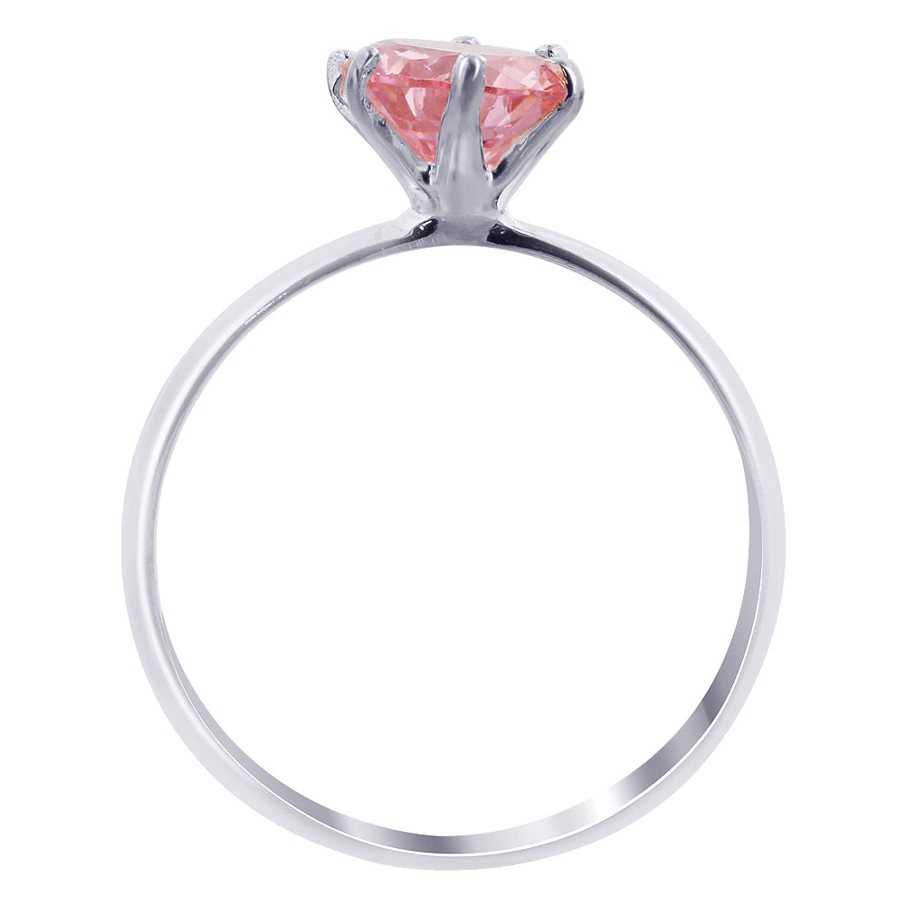 925 Sterling Silver CZ Round Solitaire Pink Cubic Zirconia 6 Prong Set Ring for Womens - Gem Avenue