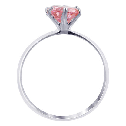 925 Sterling Silver CZ Round Solitaire Pink Cubic Zirconia 6 Prong Set Ring for Womens - Gem Avenue