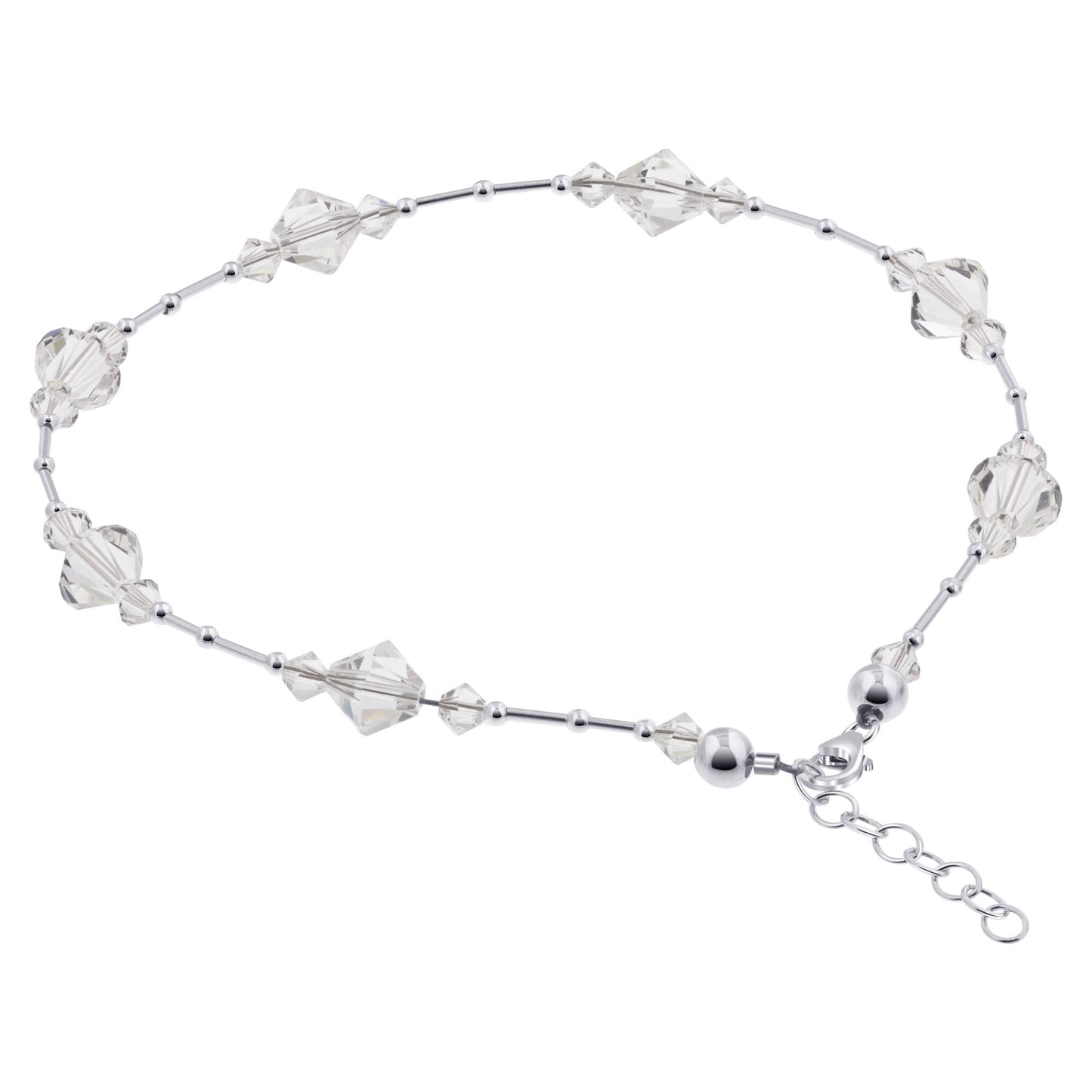 .925 Silver Anklet 9 to 10.5 Inch Long with Bicone Austrian Crystal