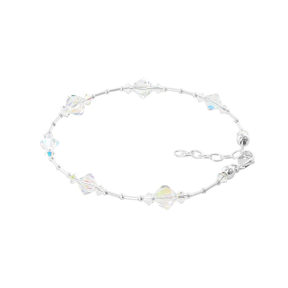.925 Silver Anklet 9 to 10.5 Inch Long with Bicone Austrian Crystal