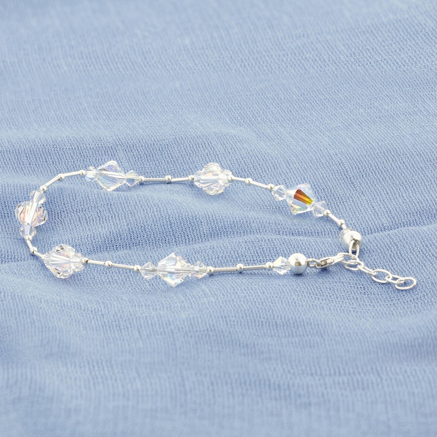 .925 Silver Anklet 9 to 10.5 Inch Long with Bicone Austrian Crystal