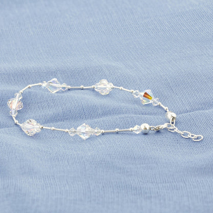 .925 Silver Anklet 9 to 10.5 Inch Long with Bicone Austrian Crystal