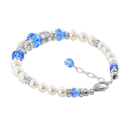 Sterling Silver 7 to 8.5 Inch Bracelet with Simulated Pearls & Indigo Blue Crystals, Elegant Adjustable Jewelry - BHBR003