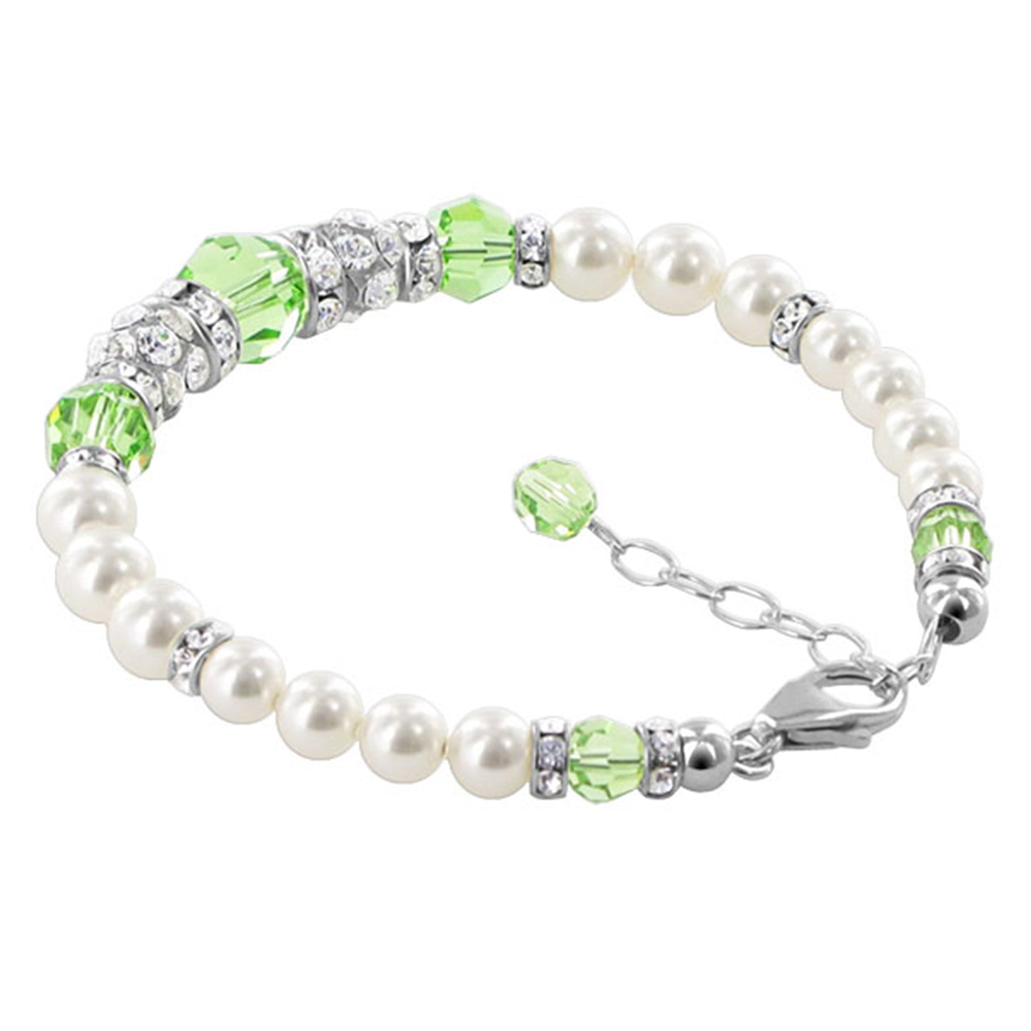 Sterling Silver 7 to 8.5 Inch Bracelet with Simulated Pearls & Crystals Elegant Jewelry - Green - BHBR008