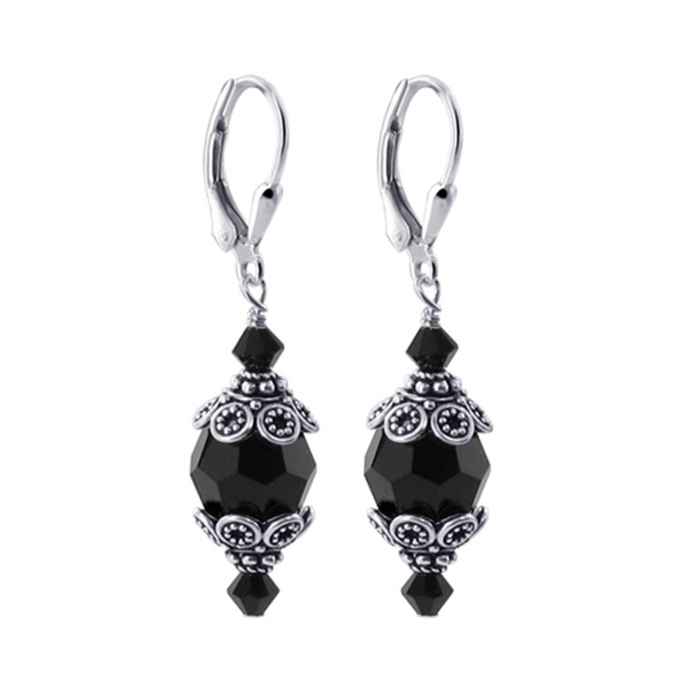 Black Austrian Crystal Bali Cap 925 Sterling Silver Leverback Finding Drop Earrings - Gem Avenue