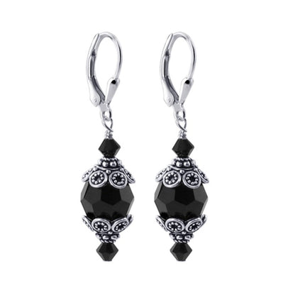 Black Austrian Crystal Bali Cap 925 Sterling Silver Leverback Finding Drop Earrings - Gem Avenue