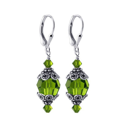 Green Austrian Crystal Bali Cap 925 Sterling Silver Leverback Finding Drop Earrings - Gem Avenue