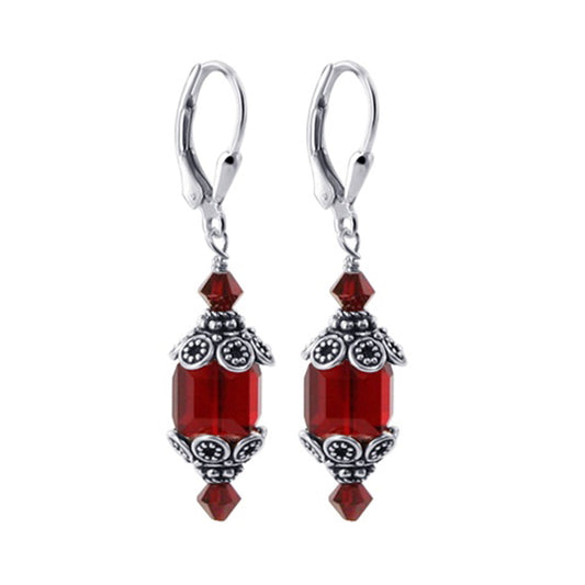 Austrian Crystal Bali Cap .925 Sterling Silver Drop Earrings