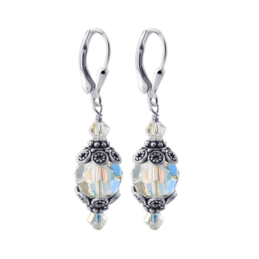 Clear AB Austrian Crystal Bali Cap 925 Sterling Silver Leverback Finding Drop Earrings - Gem Avenue