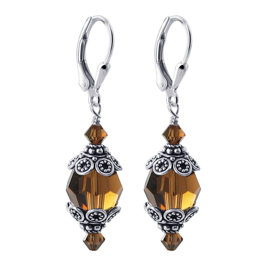 Brown Austrian Crystal Bali Cap 925 Sterling Silver Leverback Finding Drop Earrings - Gem Avenue