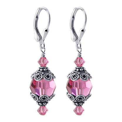 Pink Austrian Crystal Bali Cap 925 Sterling Silver Leverback Finding Drop Earrings - Gem Avenue