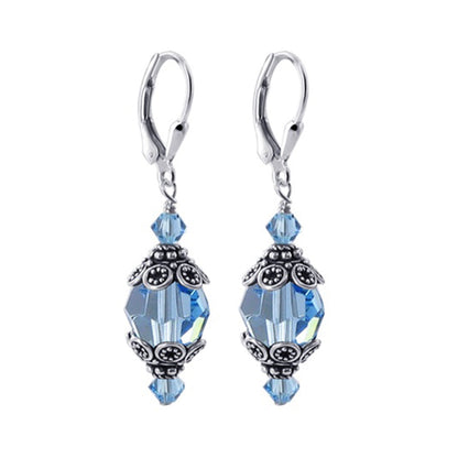 Blue Austrian Crystal Bali Cap 925 Sterling Silver Leverback Finding Drop Earrings - Gem Avenue