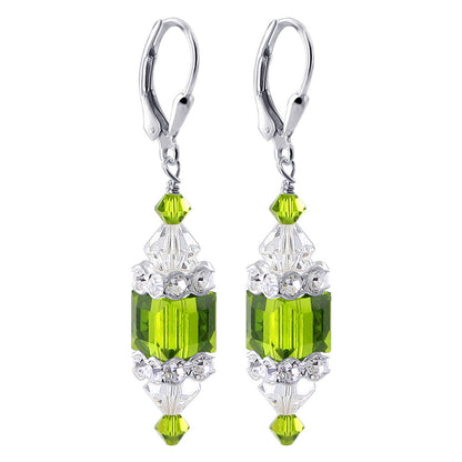 Green Cube Austrian Crystal 925 Sterling Silver Leverback Drop Earrings - Gem Avenue