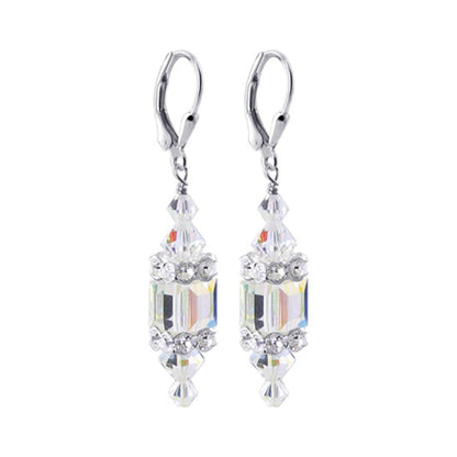 Clear AB Cube Austrian Crystal 925 Sterling Silver Leverback Drop Earrings - Gem Avenue