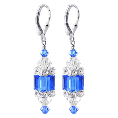 Blue Cube Austrian Crystal 925 Sterling Silver Leverback Drop Earrings - Gem Avenue
