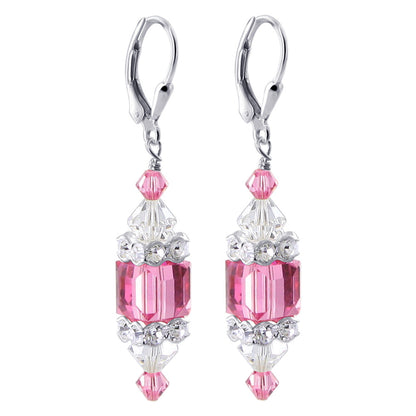 Pink Cube Austrian Crystal 925 Sterling Silver Leverback Drop Earrings - Gem Avenue