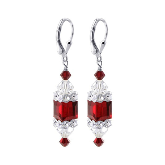Red Cube Austrian Crystal 925 Sterling Silver Leverback Drop Earrings - Gem Avenue