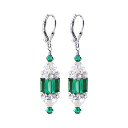 Dark Green Cube Austrian Crystal 925 Sterling Silver Leverback Drop Earrings - Gem Avenue