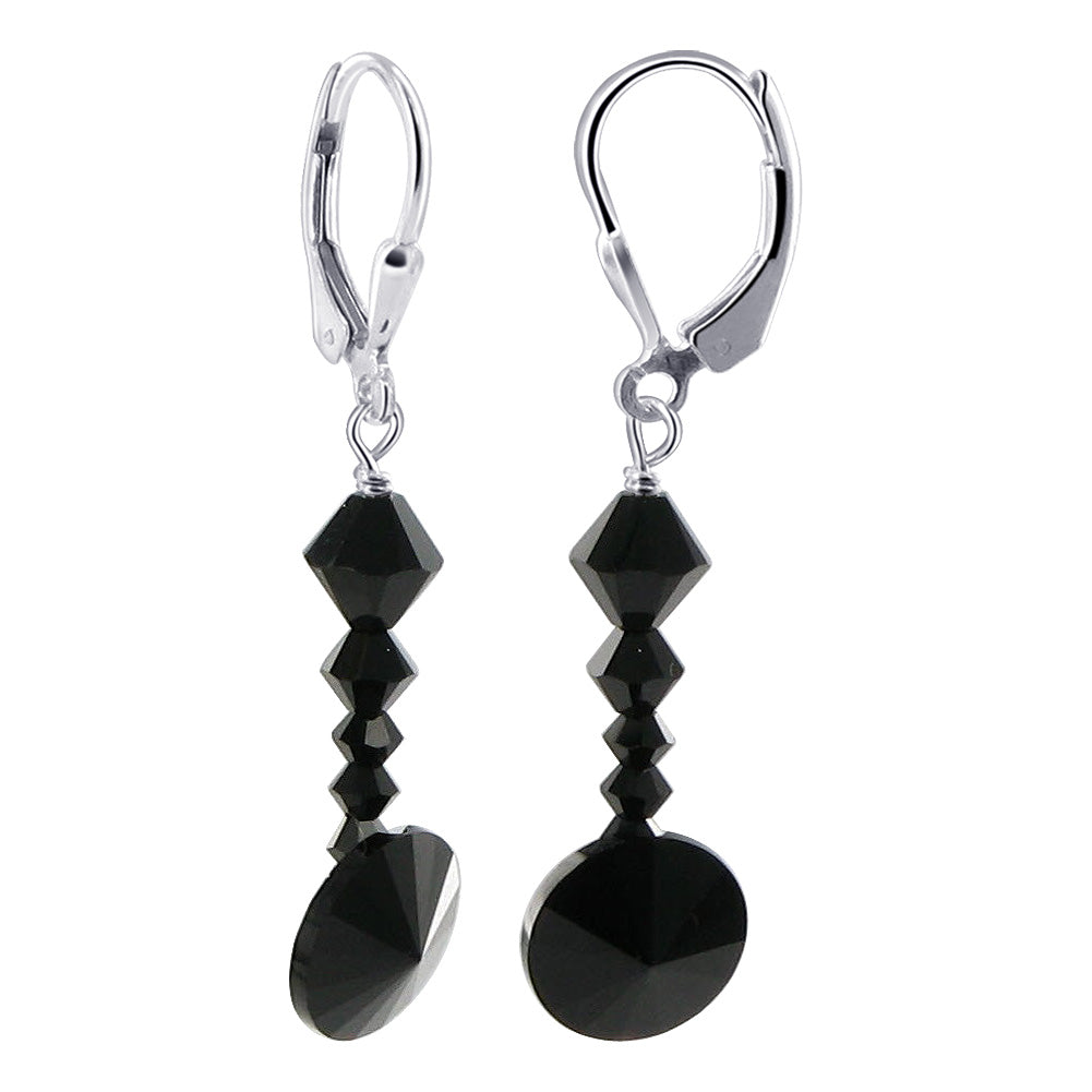 Black Austrian Crystal 925 Sterling Silver Leverback Earrings - Gem Avenue