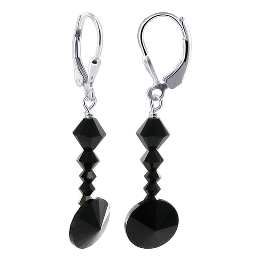 Black Austrian Crystal 925 Sterling Silver Leverback Earrings - Gem Avenue