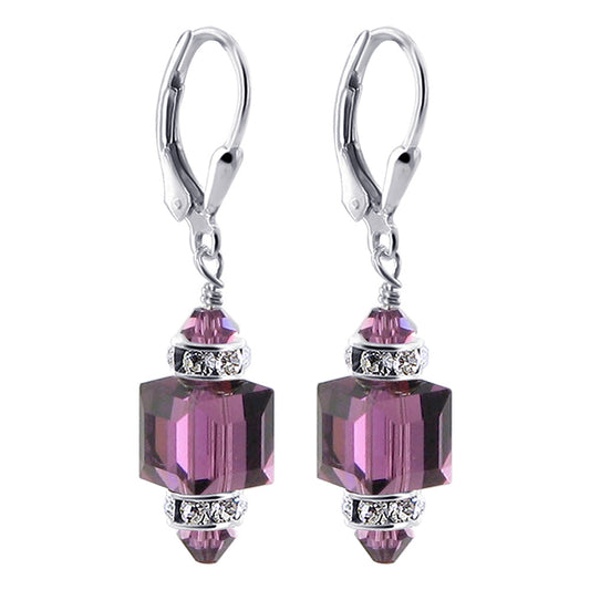 Dark Purple Multifaceted Austrian Crystal 925 Sterling Silver Drop Earrings - Gem Avenue