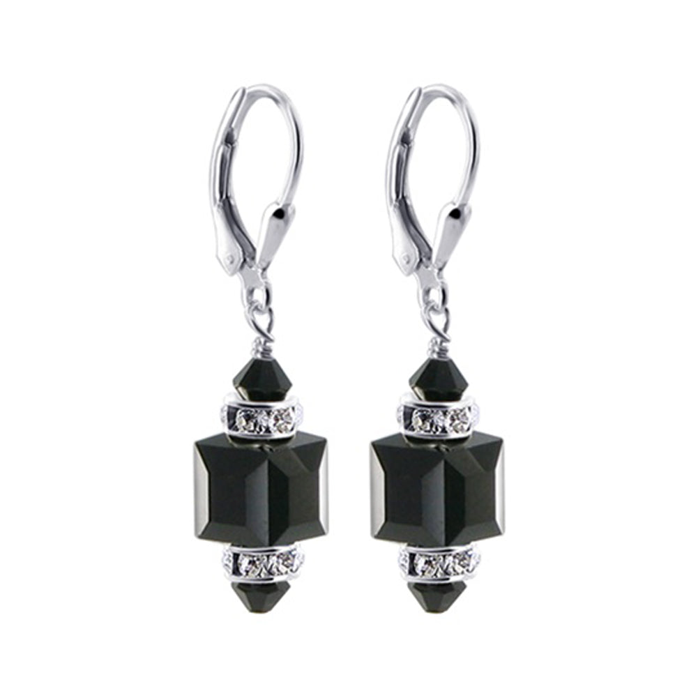 Jet black Multifaceted Austrian Crystal 925 Sterling Silver Drop Earrings - Gem Avenue
