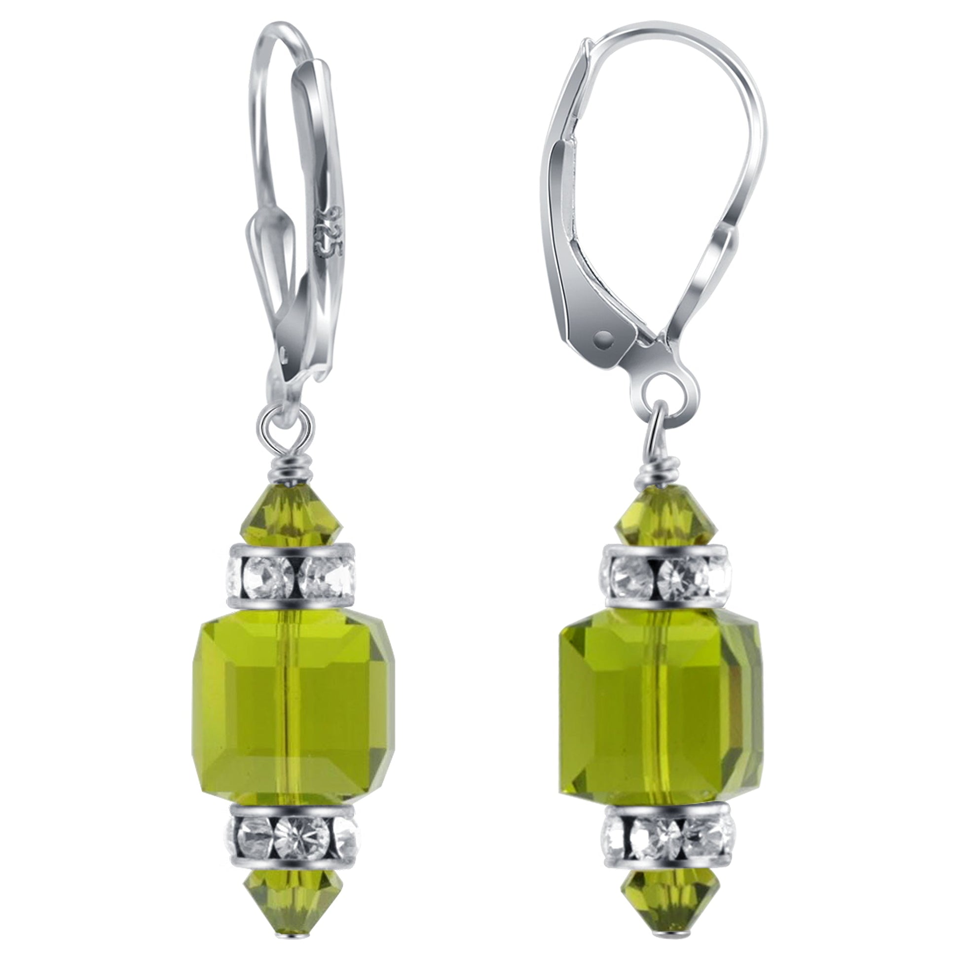 Olivine Green Multifaceted Austrian Crystal 925 Sterling Silver Drop Earrings - Gem Avenue