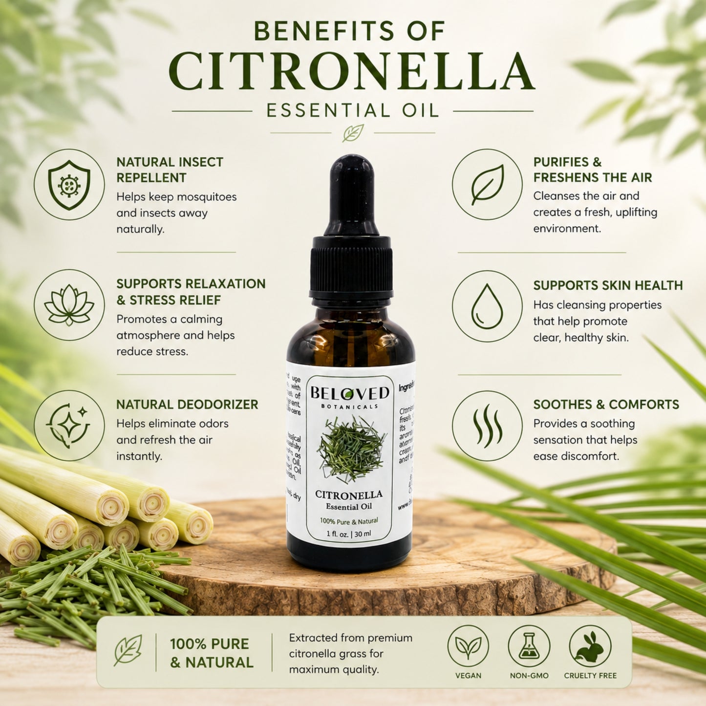 Beloved Botanicals Citronella Essential Oil 30ml (1 Fl Oz) 100% Pure & Natural Aromatherapy Oil for Diffuser, Home Fragrance, Massage & DIY Blend