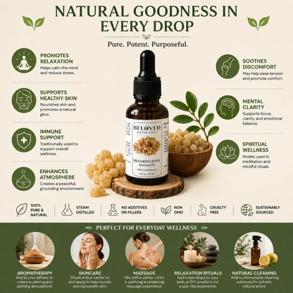 Beloved Botanicals Frankincense Essential Oil 30ml (1 Fl Oz) 100% Pure & Natural Boswellia Serrata Oil for Aromatherapy, Diffuser, Massage, Relaxation, Skin Care & Home Fragrance