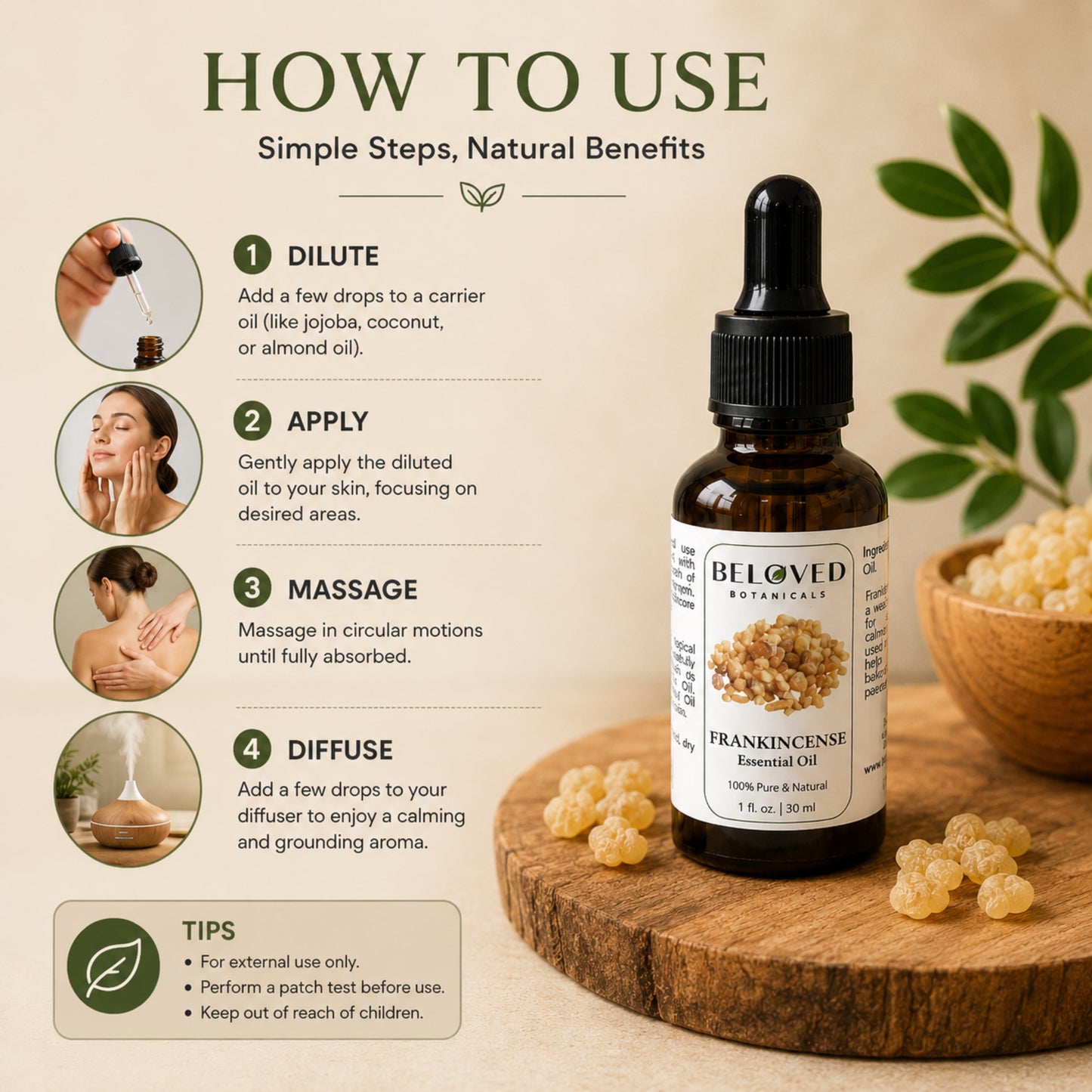 Beloved Botanicals Frankincense Essential Oil 30ml (1 Fl Oz) 100% Pure & Natural Boswellia Serrata Oil for Aromatherapy, Diffuser, Massage, Relaxation, Skin Care & Home Fragrance