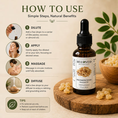 Beloved Botanicals Frankincense Essential Oil 30ml (1 Fl Oz) 100% Pure & Natural Boswellia Serrata Oil for Aromatherapy, Diffuser, Massage, Relaxation, Skin Care & Home Fragrance