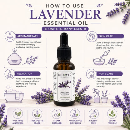 Beloved Botanicals Lavender Essential Oil 30ml (1 Fl Oz) 100% Pure & Natural Aromatherapy Oil for Diffuser, Massage, Relaxation, Home Fragrance & Skincare Use