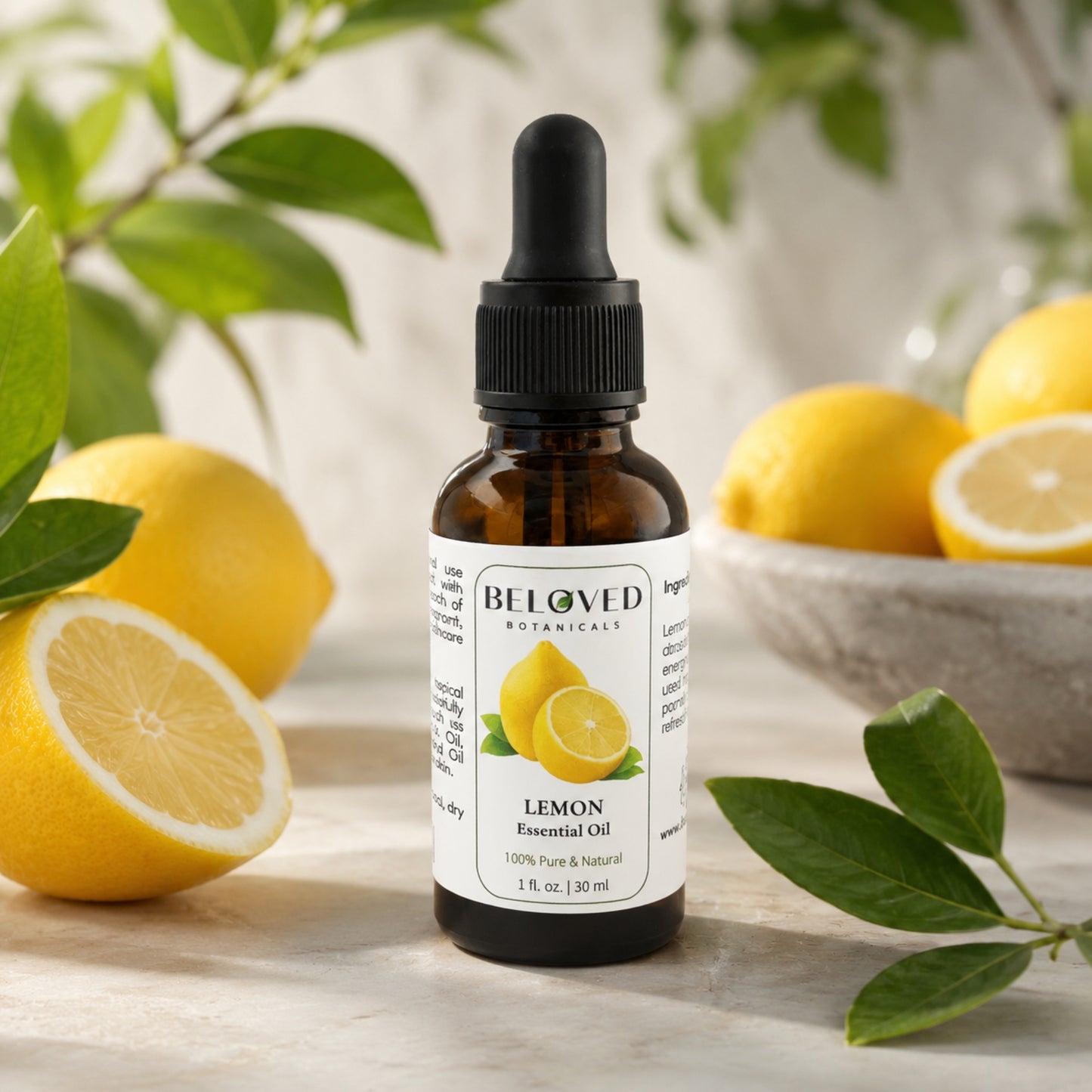 Beloved Botanicals Lemon Essential Oil 30ml (1 Fl Oz) 100% Pure & Natural Citrus Limon Oil for Aromatherapy, Diffuser, Massage, Home Fragrance, Skin Care & DIY Blends