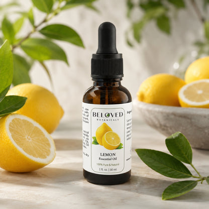 Beloved Botanicals Lemon Essential Oil 30ml (1 Fl Oz) 100% Pure & Natural Citrus Limon Oil for Aromatherapy, Diffuser, Massage, Home Fragrance, Skin Care & DIY Blends
