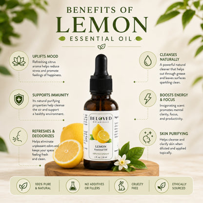 Beloved Botanicals Lemon Essential Oil 30ml (1 Fl Oz) 100% Pure & Natural Citrus Limon Oil for Aromatherapy, Diffuser, Massage, Home Fragrance, Skin Care & DIY Blends