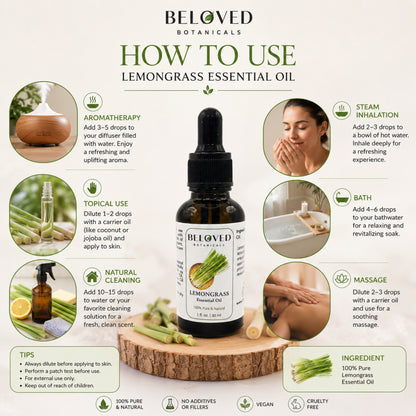 Beloved Botanicals Lemongrass Essential Oil 30ml (1 Fl Oz) 100% Pure & Natural Cymbopogon Flexuosus Oil for Aromatherapy, Diffuser, Massage, Home Fragrance & DIY Blends