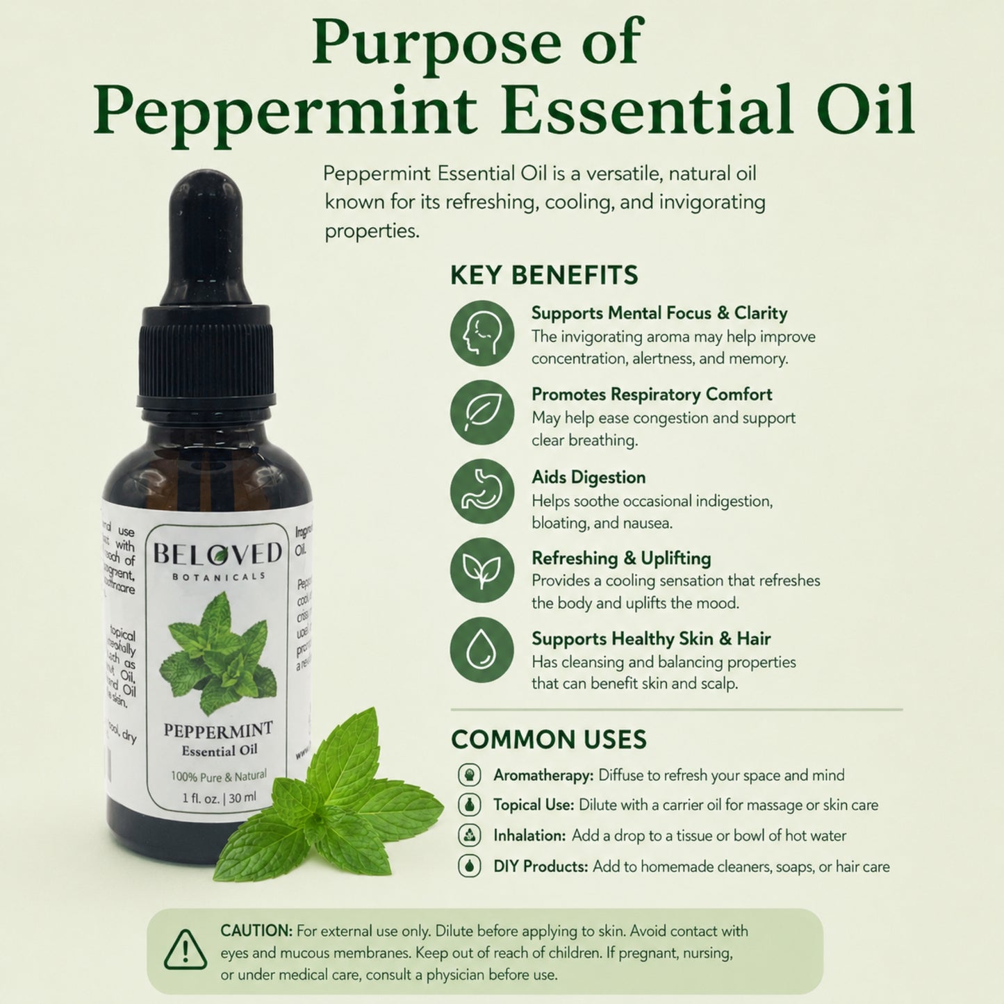 Beloved Botanicals Peppermint Essential Oil 30ml (1 Fl Oz) 100% Pure & Natural Mentha Piperita Oil for Aromatherapy, Diffuser, Massage, Home Fragrance & DIY Blends