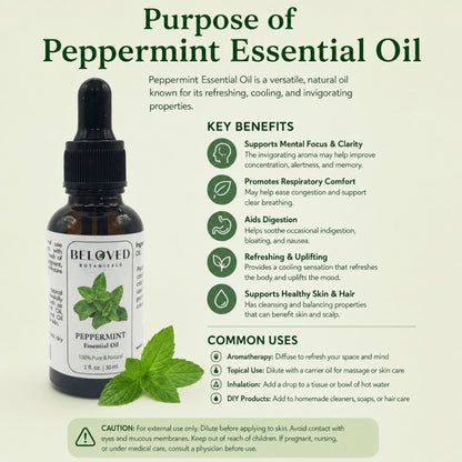 Beloved Botanicals Peppermint Essential Oil 30ml (1 Fl Oz) 100% Pure & Natural Mentha Piperita Oil for Aromatherapy, Diffuser, Massage, Home Fragrance & DIY Blends