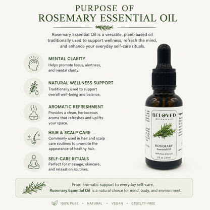 Beloved Botanicals Rosemary Essential Oil 30ml (1 Fl Oz) 100% Pure & Natural Rosmarinus Officinalis Oil for Aromatherapy, Diffuser, Massage, Home Fragrance & DIY Blends